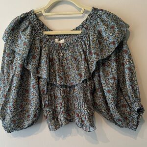 Floral Ruffle Blouse - Blue and Brown